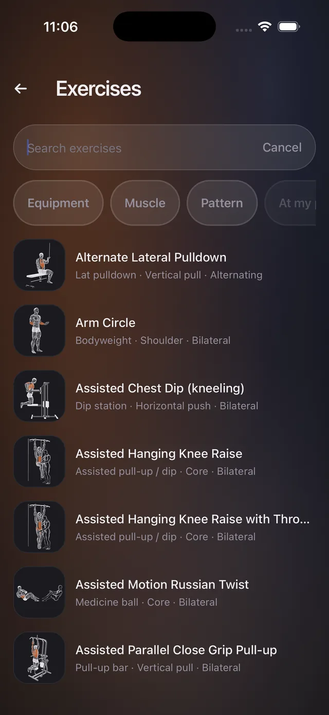 Rally's exercise library, searchable and filtered by equipment, muscle, movement pattern and what is at your gym.