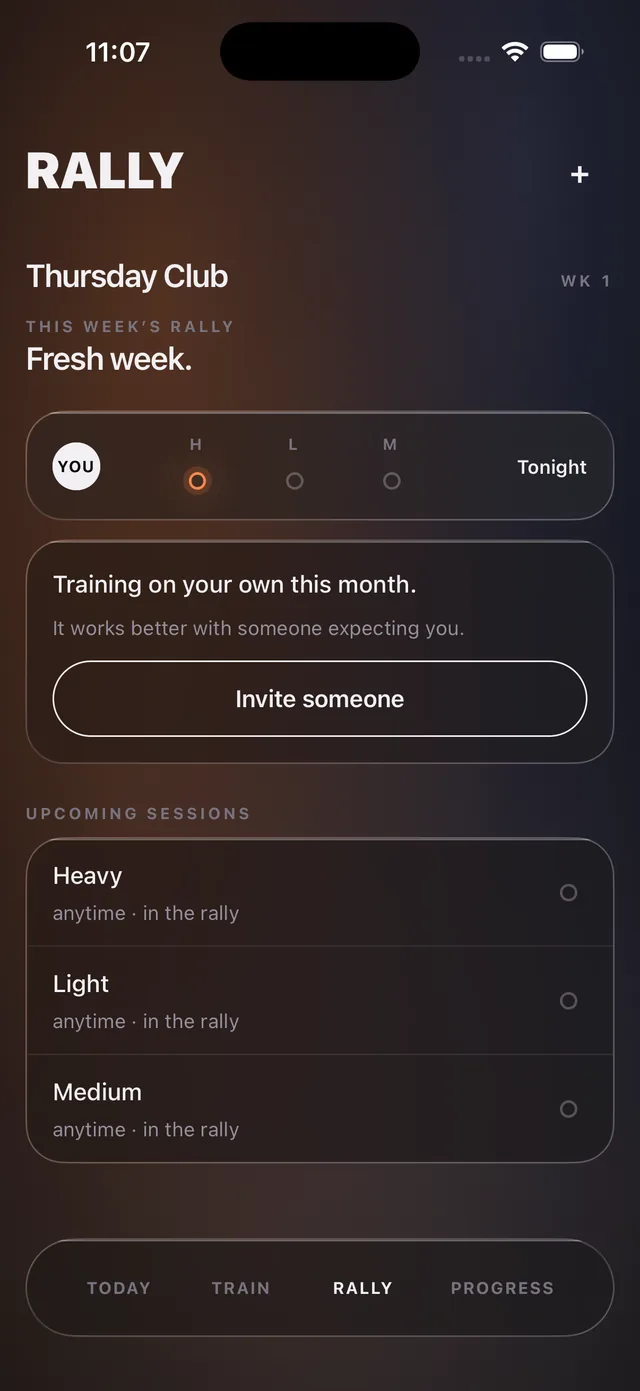 A rally in the app: Thursday Club, week one, with a row of dots for each member and the upcoming sessions listed below.