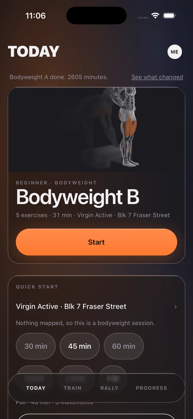 Rally's Today screen: the next session with its length, the gym it is for, and a Start button.