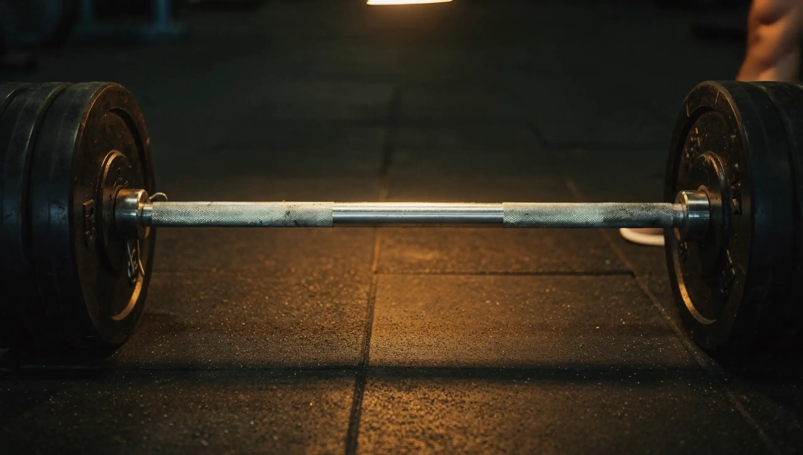 A loaded barbell on the floor of a dark gym. Someone walks up to it, sets their grip and pulls it to lockout in one continuous take.