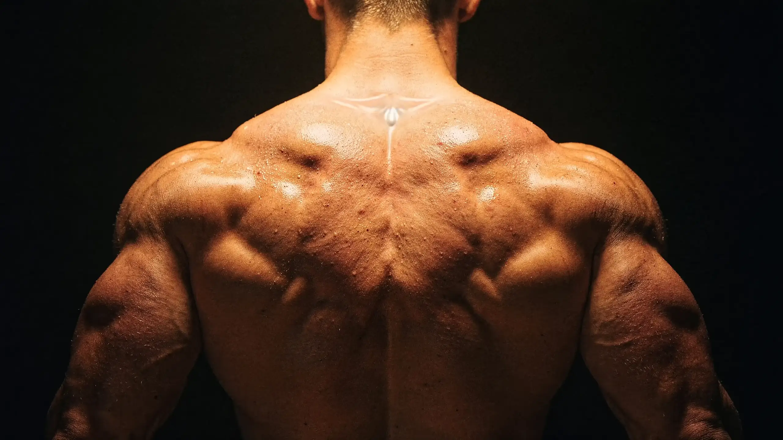 A back at the end of a hard set, dissolving into the anatomical muscle map Rally draws, with the muscles worked picked out in warm orange.